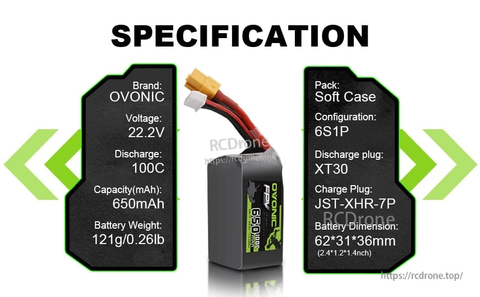 Ovonic 6S 650mAh LiPo battery specification panel: 22.2V, 100C, XT30, JST-XHR-7P, soft case, 62×31×36mm