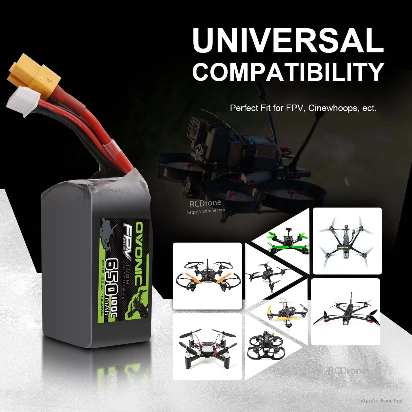 Ovonic 6S 650mAh LiPo battery graphic highlighting universal compatibility for FPV drones and cinewhoops