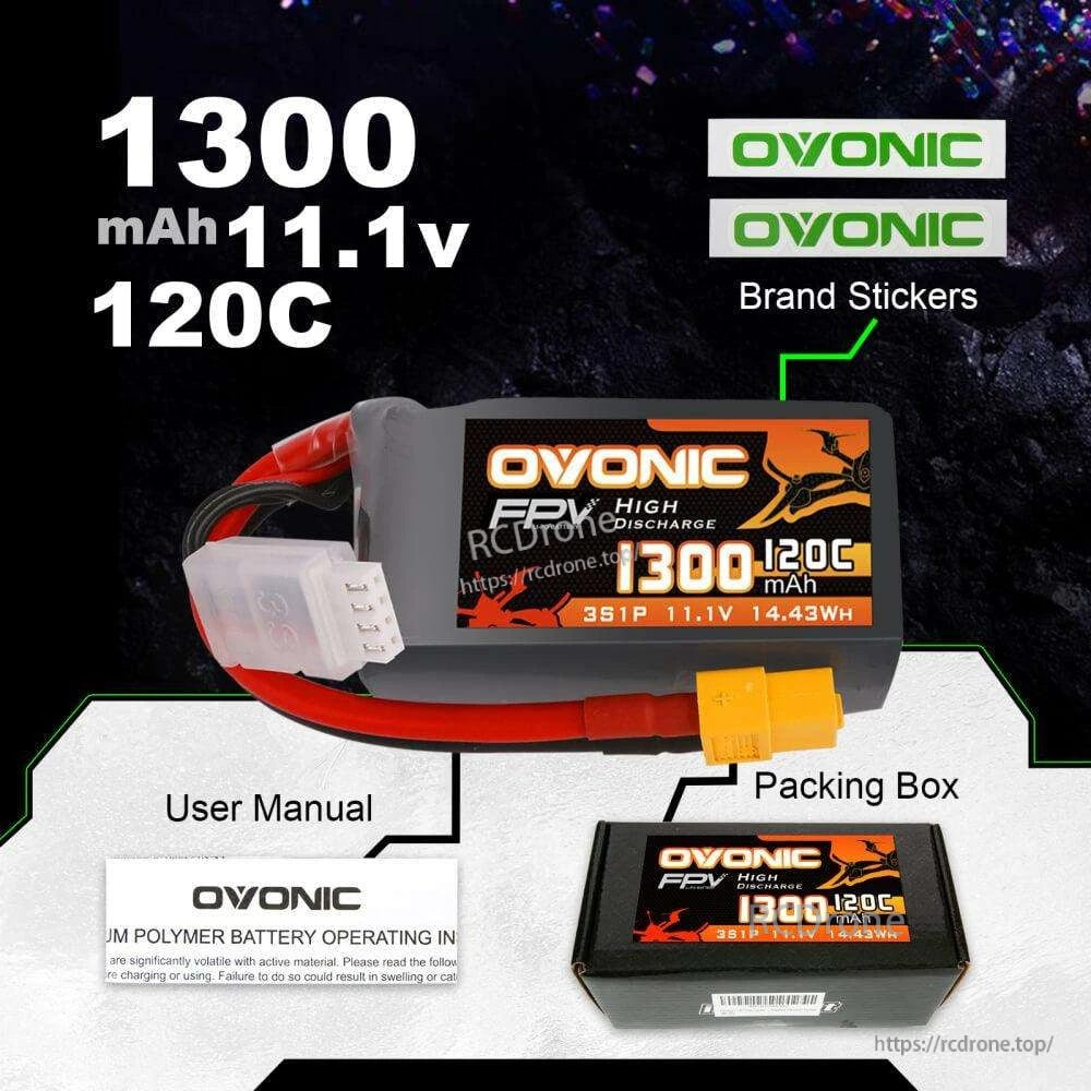 Ovonic FPV 1300mAh 11.1V 120C LiPo battery with included user manual, brand stickers, and packing box