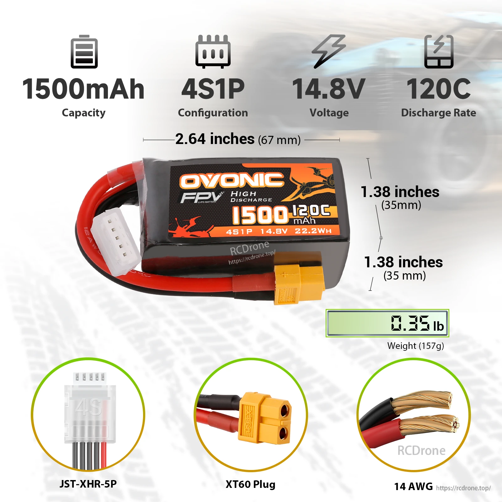 Ovonic 4S 1500mAh 14.8V 120C FPV LiPo battery with XT60 and JST-XHR-5P balance lead, size chart