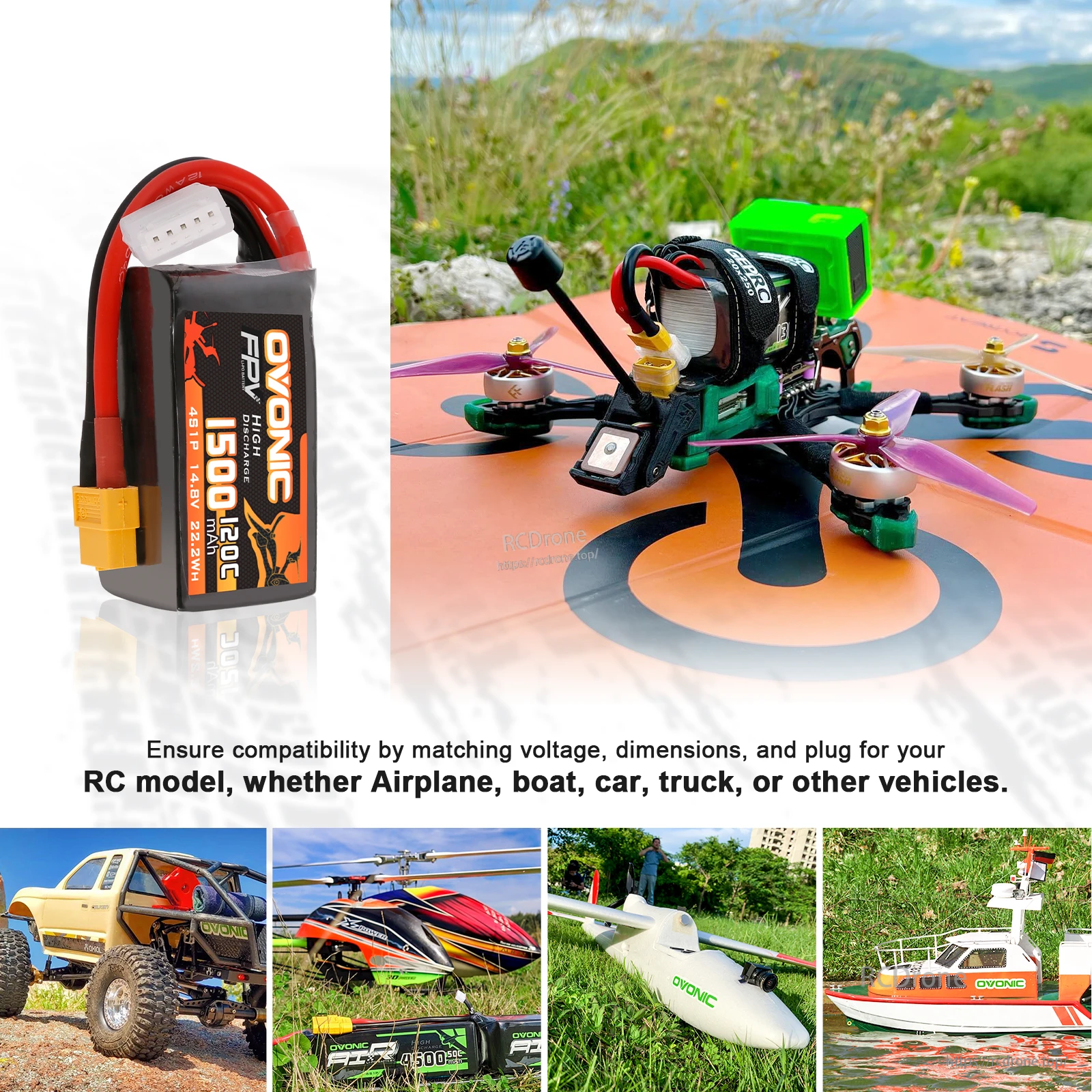 Ovonic 4S 1500mAh LiPo powering an FPV quad plus compatibility examples for RC car, helicopter, airplane and boat