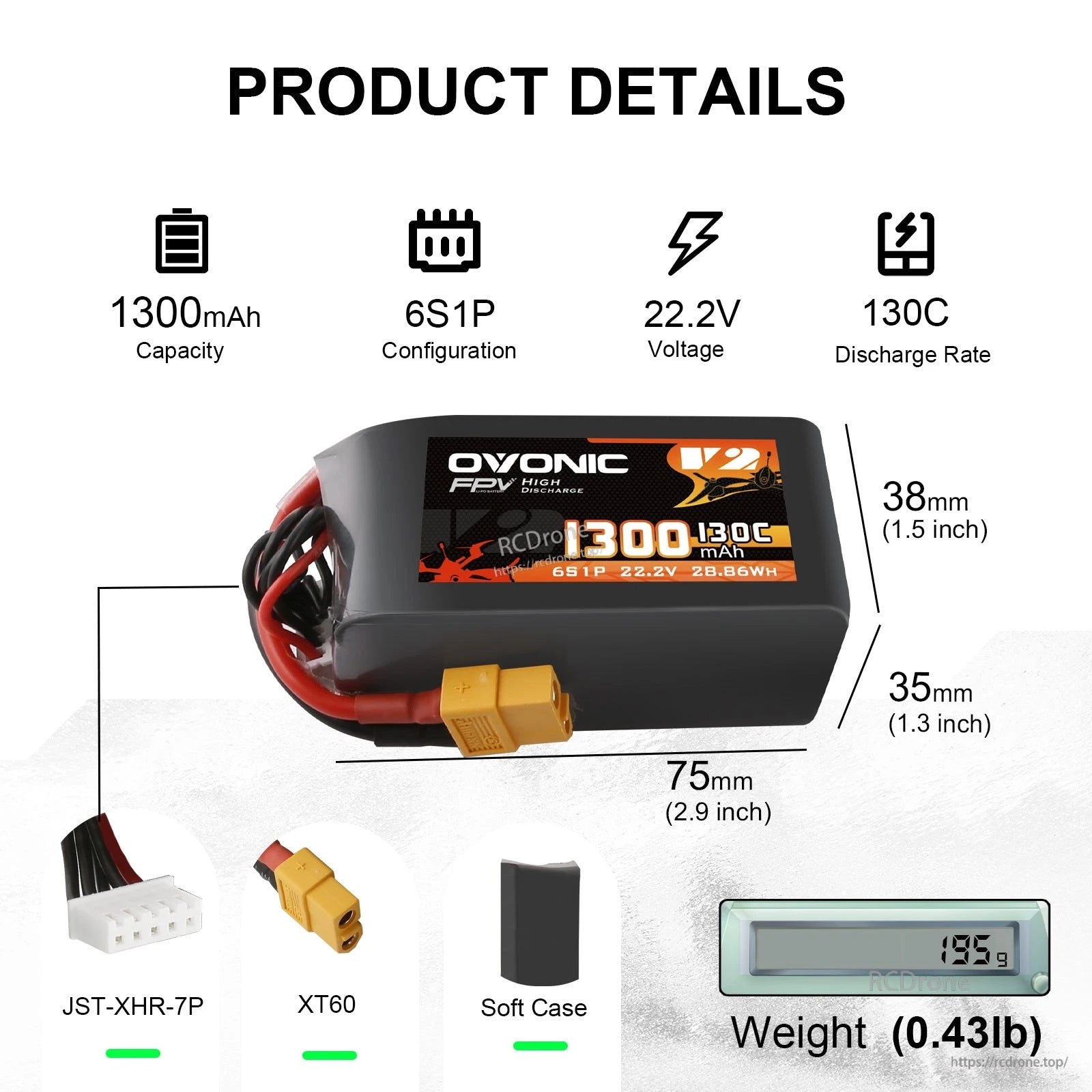 2x Ovonic 6S 1300mAh LiPo Battery product details: 22.2V 6S1P, 130C, XT60 and JST-XHR-7P, size and weight