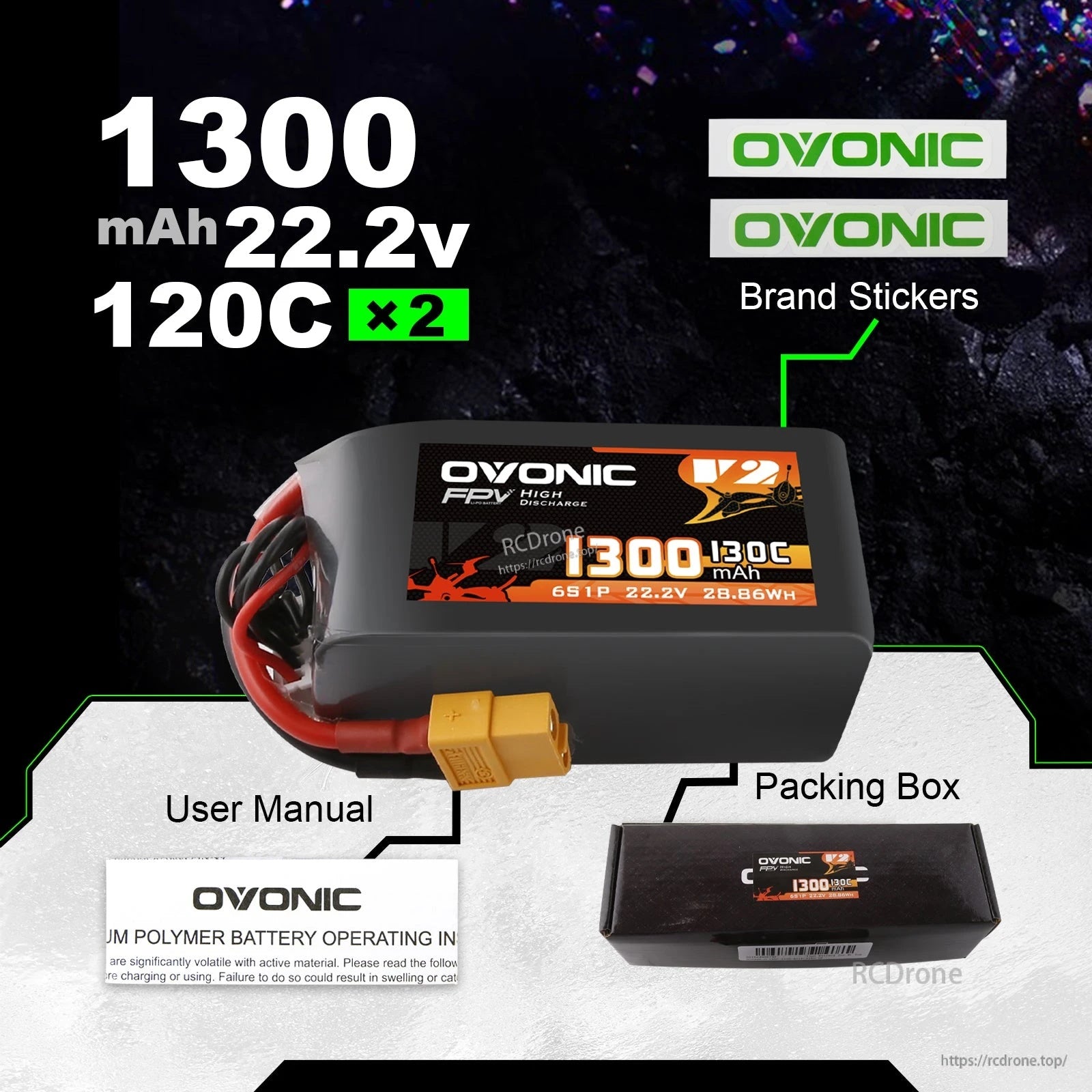 Ovonic 6S 1300mAh battery kit contents with brand stickers, user manual and packing box (2-pack)