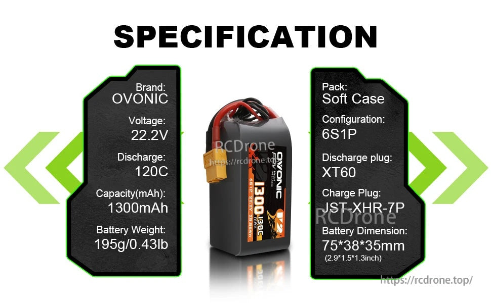 Ovonic 6S 1300mAh LiPo specification graphic: 22.2V, soft case, 6S1P, XT60, JST-XHR-7P, 75×38×35mm, 195g
