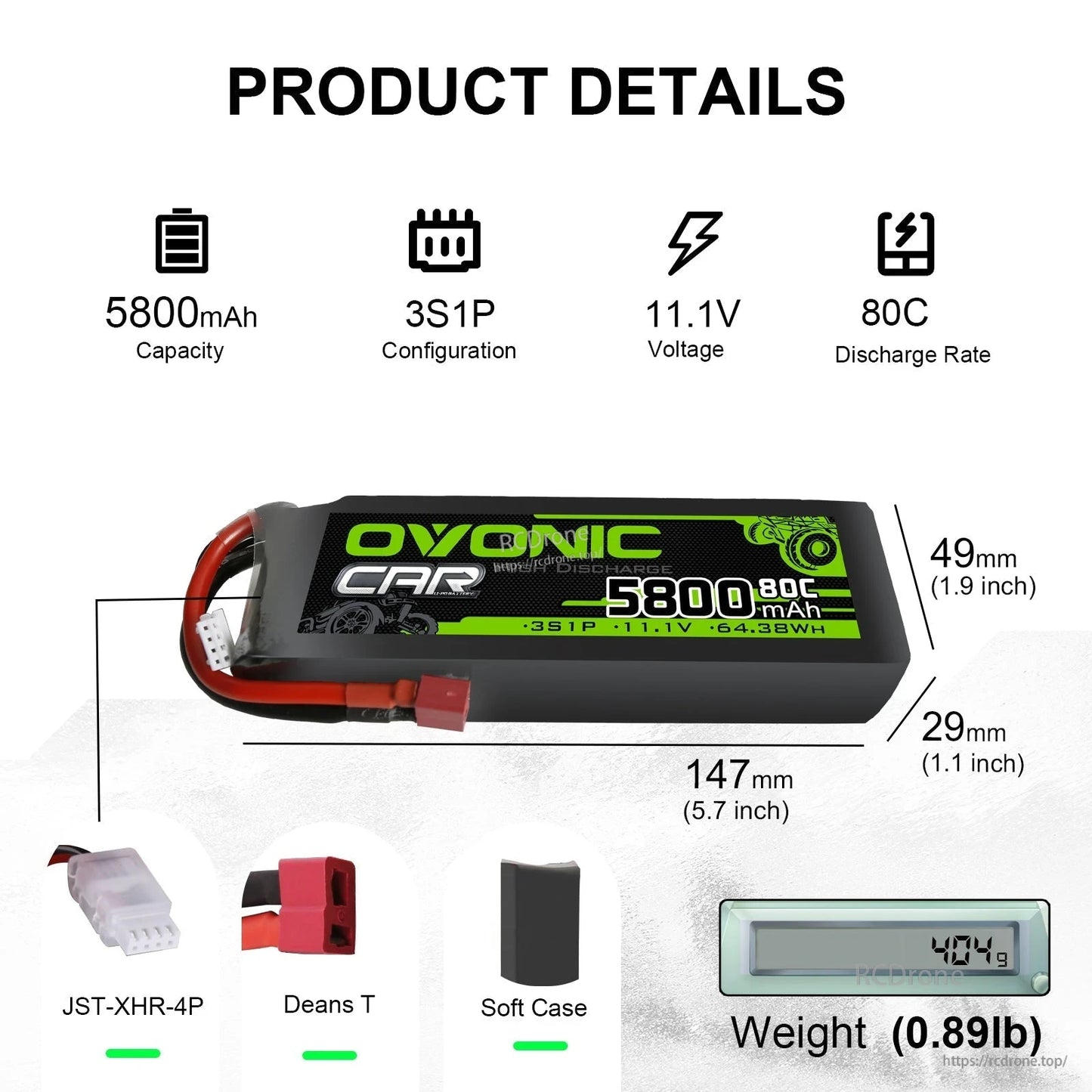 Product details chart showing 5800mAh 3S1P 11.1V 80C, dimensions 147×49×29mm, weight 404g (0.89lb)