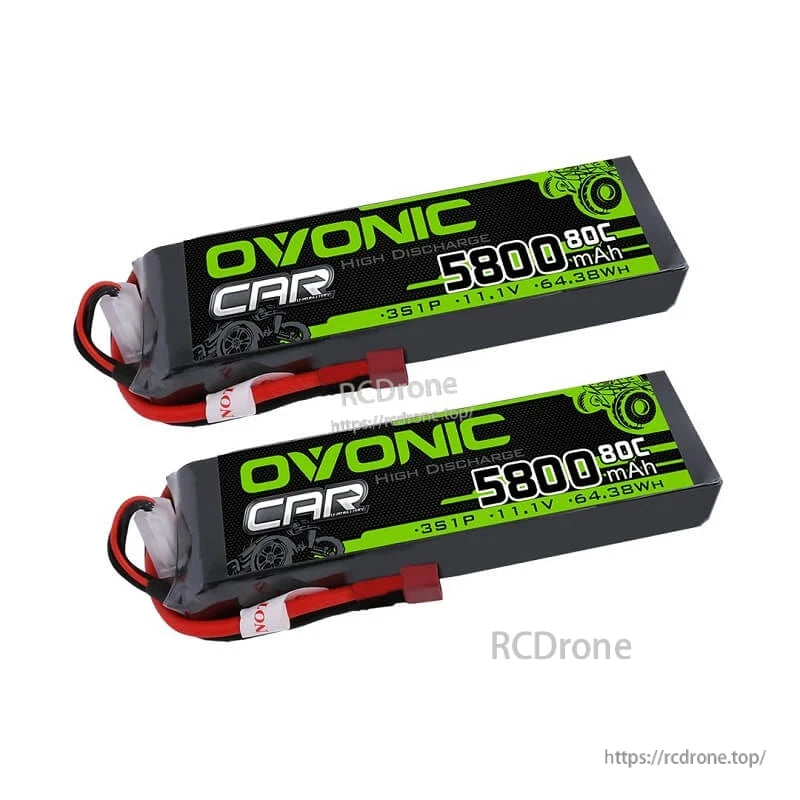 Two Ovonic CAR LiPo batteries side-by-side, showing 5800mAh 80C labels and wiring