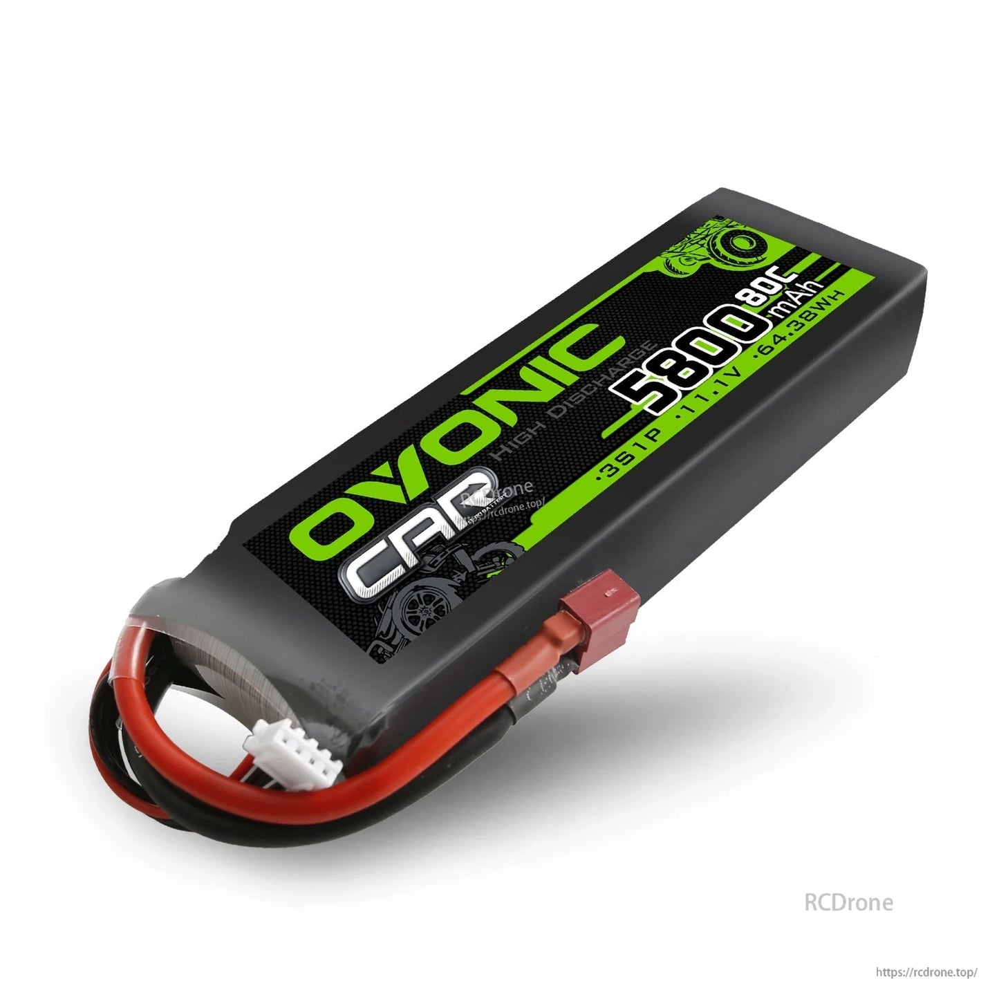 Close angled view of Ovonic CAR 5800mAh 80C LiPo battery showing label, Deans T plug, and JST balance connector