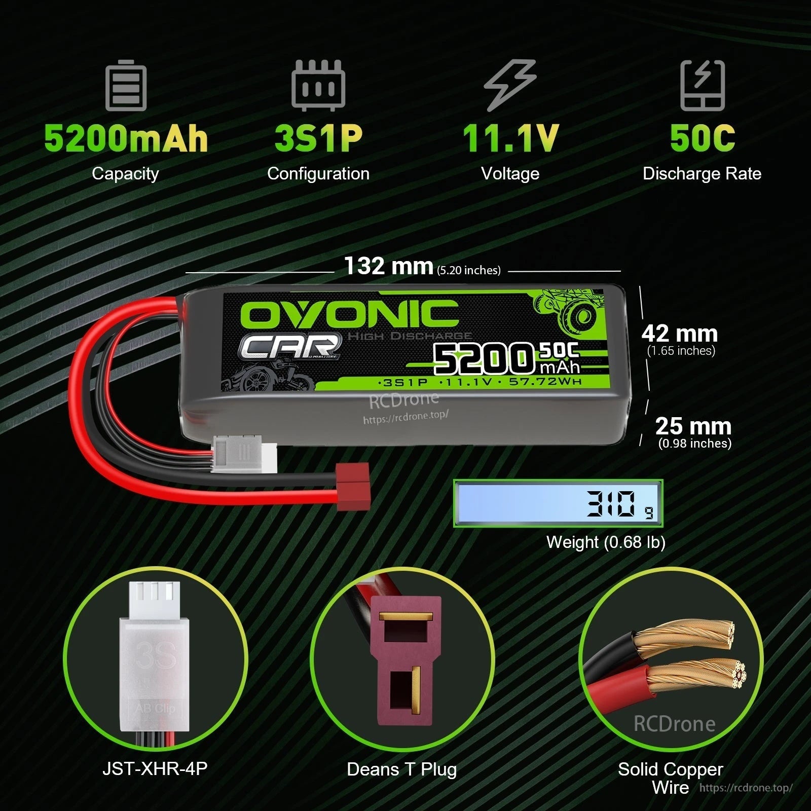 Ovonic 2-Pack 50C 3S1P 5200mAh 11.1V LiPo battery specs, size 132×42×25mm, Deans T & JST-XH