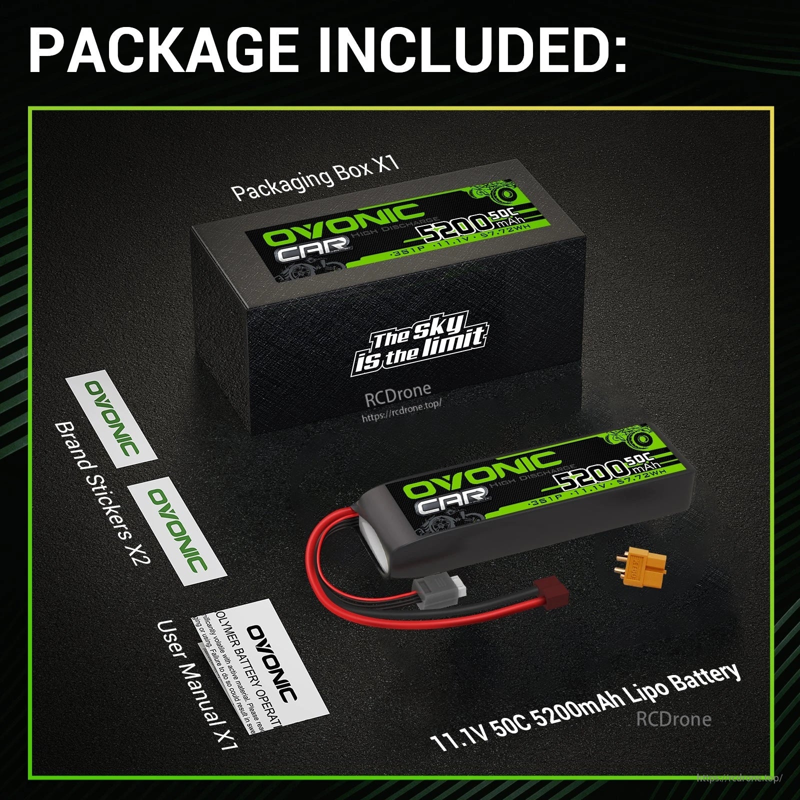 Package contents: Ovonic 11.1V 5200mAh 50C LiPo battery, box, user manual, brand stickers, and separated XT60 plug