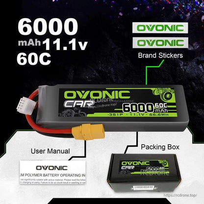 Package contents showing Ovonic 6000mAh 11.1V 60C LiPo, user manual, packing box and brand stickers