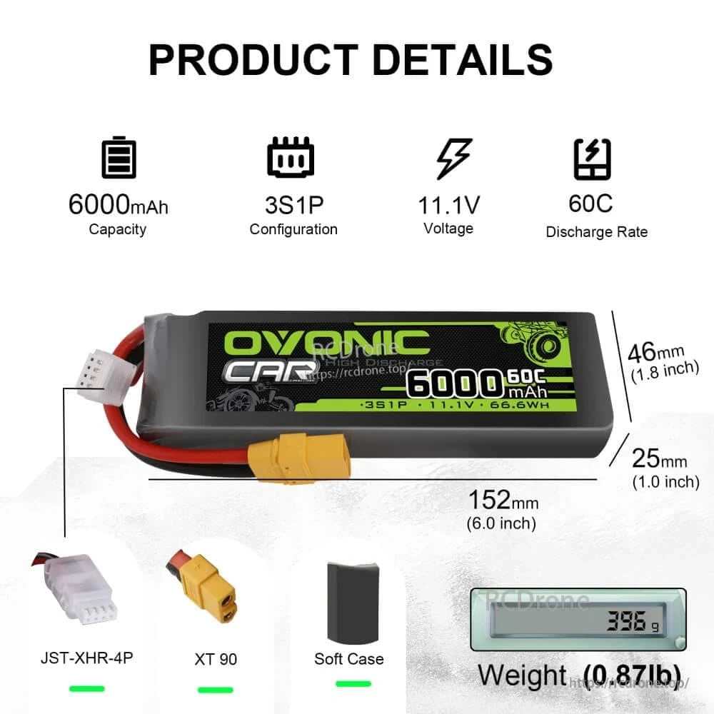 Product details graphic for Ovonic 6000mAh 3S1P 11.1V 60C LiPo with size and connectors