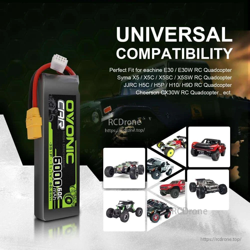 Universal compatibility graphic showing Ovonic 6000mAh LiPo with RC car and quadcopter examples
