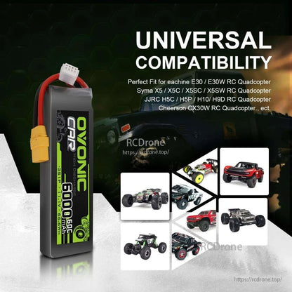 Universal compatibility graphic showing Ovonic 6000mAh LiPo with RC car and quadcopter examples