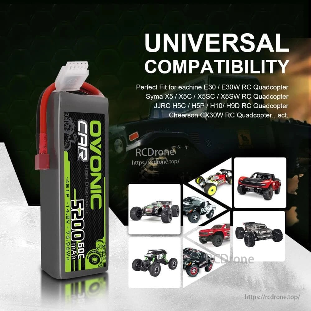 Universal compatibility collage showing Ovonic hard-case 4S LiPo used across RC cars, trucks and other RC models