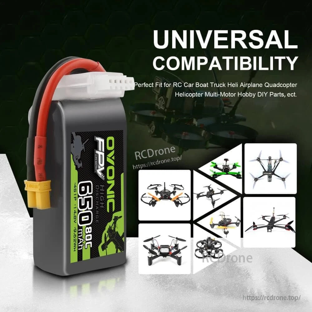 Ovonic 650mAh 4S LiPo compatibility graphic for RC quadcopters, cars, boats and other models