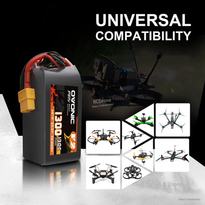 Ovonic 6S LiPo battery shown with universal compatibility graphic and FPV drone illustrations