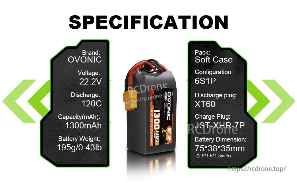 2x Ovonic 6S 1300mAh LiPo Battery specifications graphic: 22.2V 120C, XT60, soft case, 6S1P