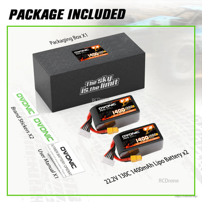 Package included: two 22.2V 1400mAh LiPo batteries, packaging box, brand stickers, and user manual
