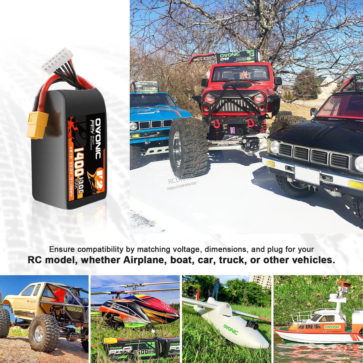 Compatibility collage showing battery used with RC truck, car, helicopter, airplane, and boat models