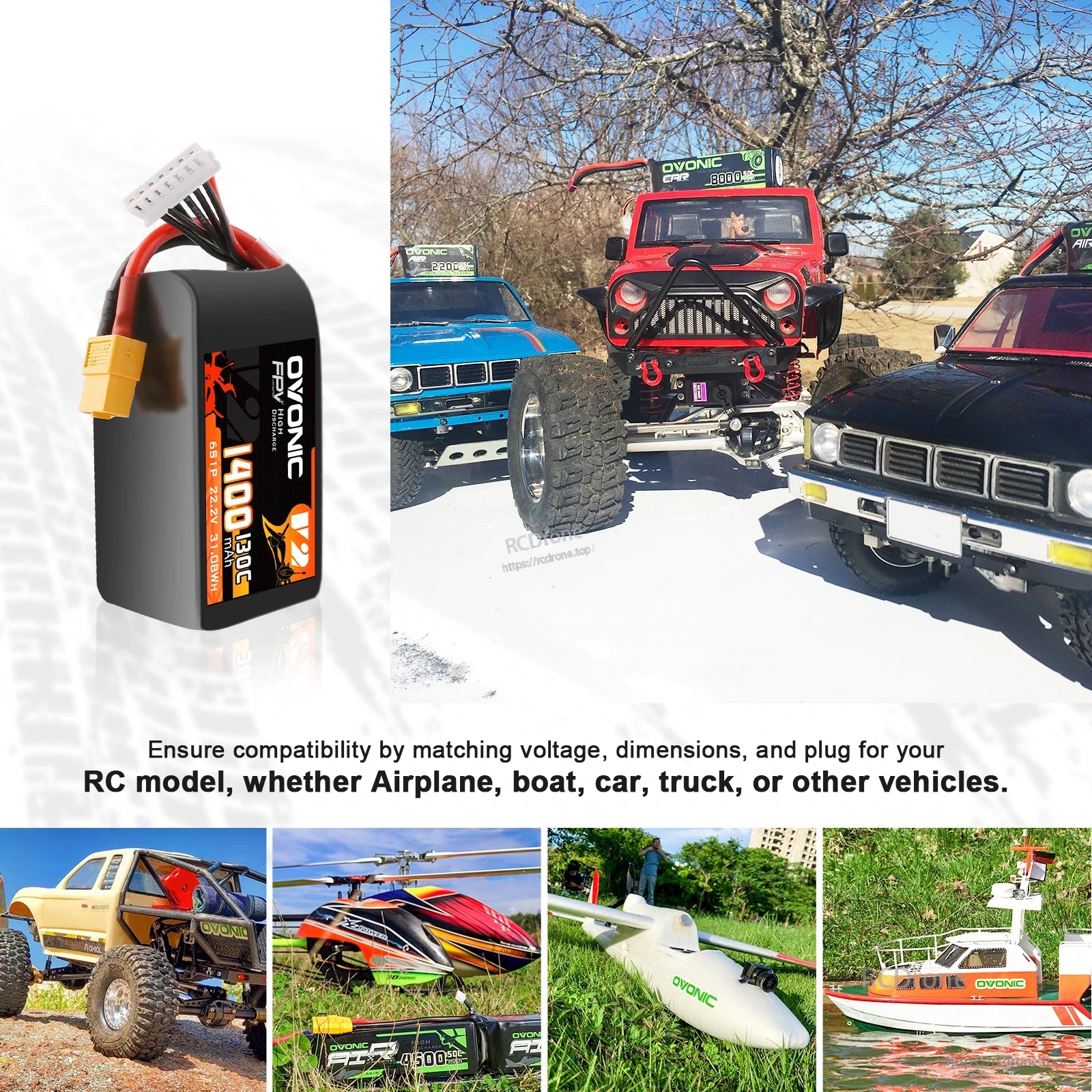 Compatibility collage showing battery used with RC truck, car, helicopter, airplane, and boat models