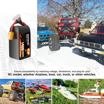 Compatibility collage showing battery used with RC truck, car, helicopter, airplane, and boat models