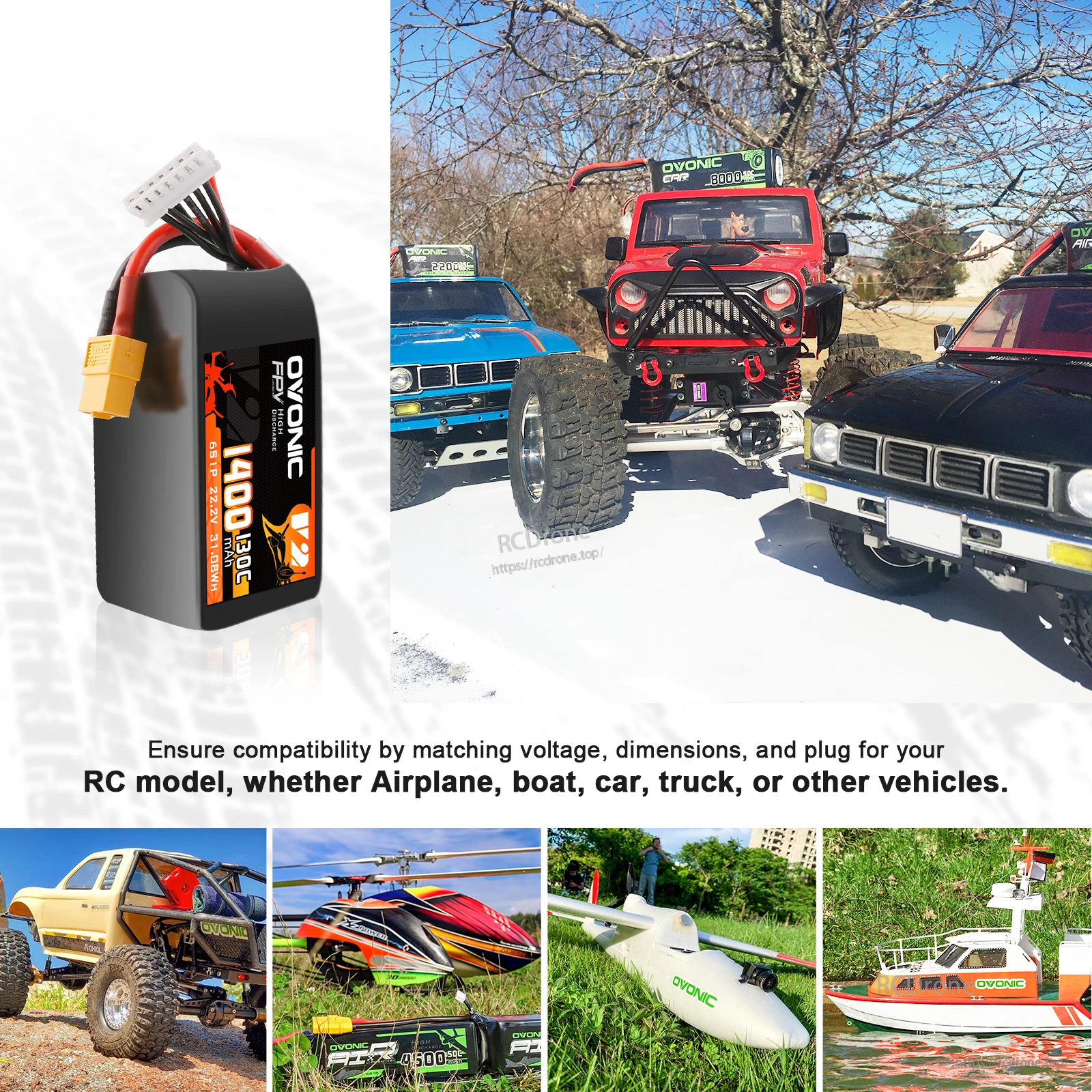 Single Ovonic 6S 1400mAh LiPo with XT60 alongside RC vehicle examples (car, truck, helicopter, airplane, boat)