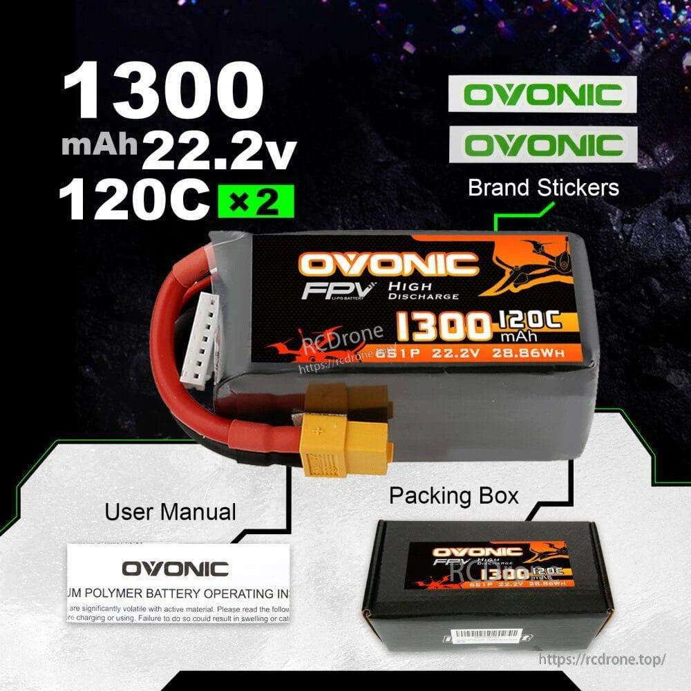 What’s in the box for Ovonic 2x 6S 1300mAh 120C LiPo Battery set with stickers, user manual and packing box