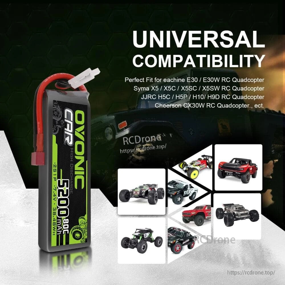 Universal compatibility graphic for Ovonic 7.4V 2S LiPo battery with examples of RC quadcopters and RC cars (check fit)
