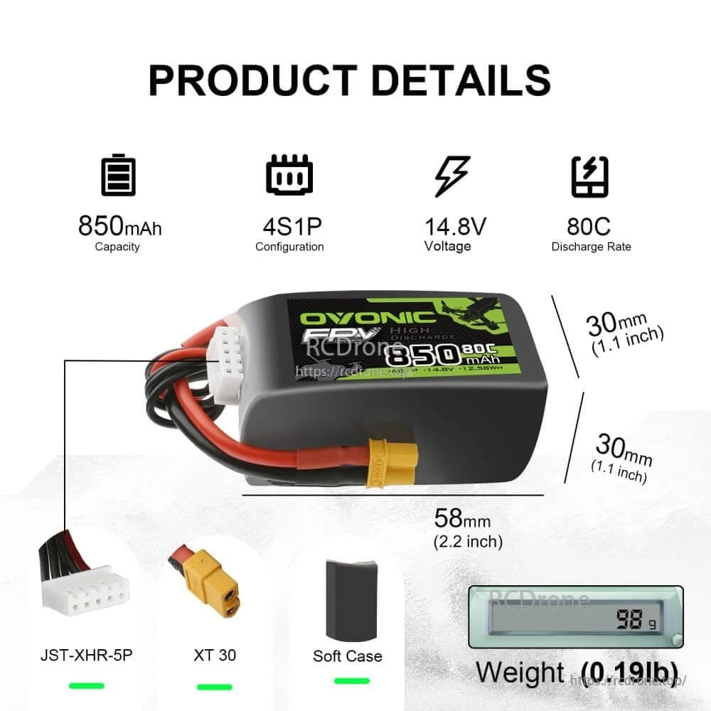Product details chart for Ovonic 4S 850mAh 80C LiPo: 58×30×30mm, 88g, XT30 and JST-XHR-5P connectors