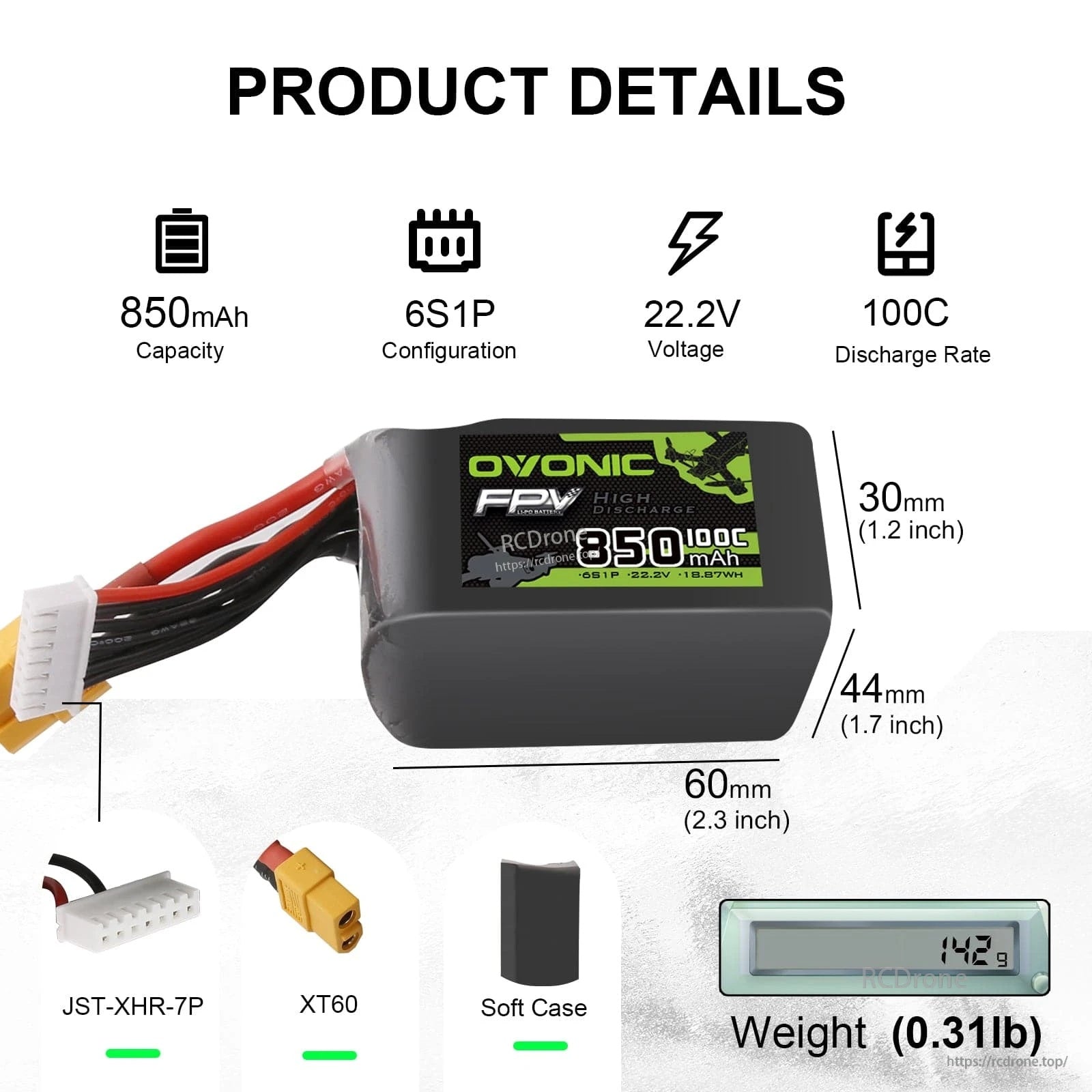 Ovonic 850mAh 6S 22.2V 100C LiPo battery dimensions, weight, and XT60 + JST-XHR-7P connectors
