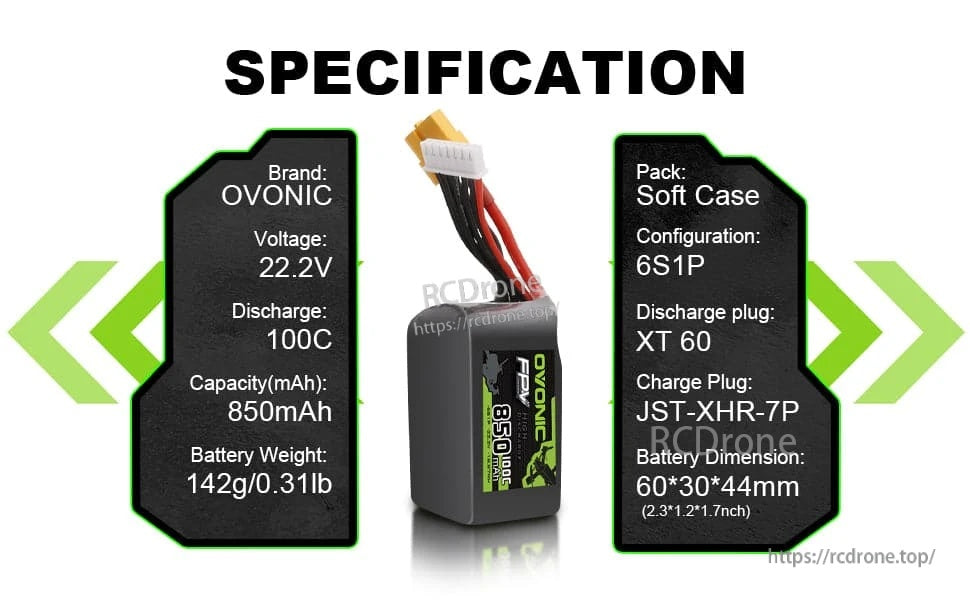 Specification panel for Ovonic 850mAh 6S1P 22.2V 100C LiPo: soft case, 142g, XT60 and JST-XHR-7P, 60×30×44mm