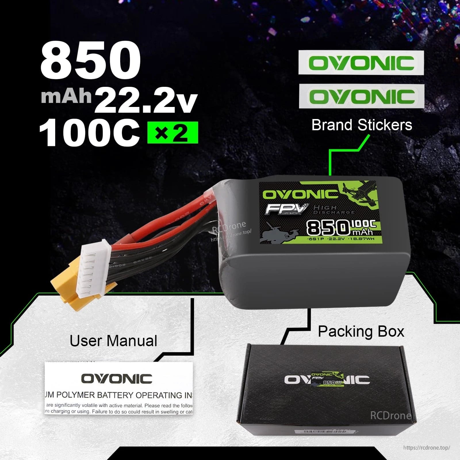Ovonic 2-pack contents: 850mAh 6S 22.2V 100C LiPo battery, brand stickers, user manual, and packing box