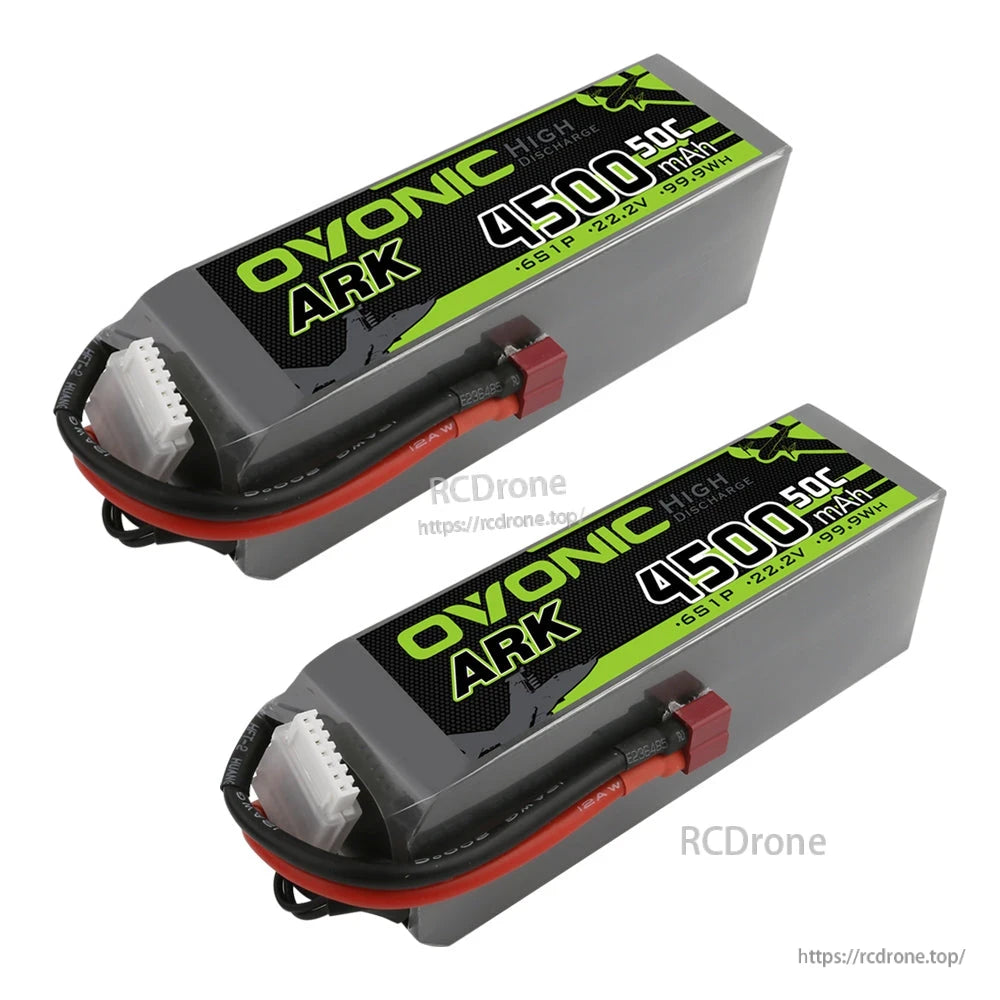 Two Ovonic ARK 6S LiPo batteries on white background, side view with Deans plugs and balance leads