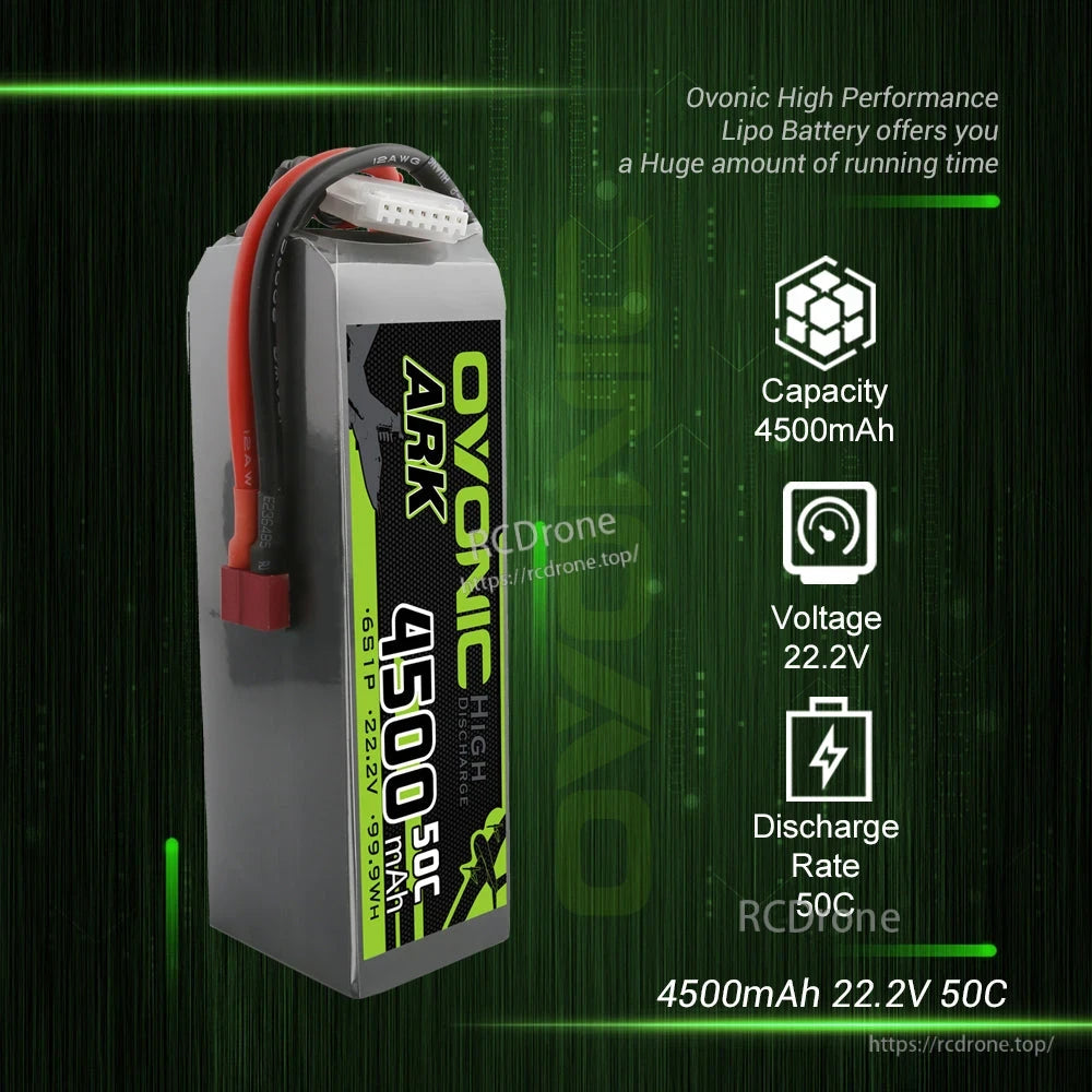 Single Ovonic ARK LiPo battery side view with icons for 4500mAh capacity, 22.2V voltage, 50C rate