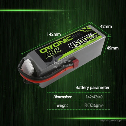Ovonic ARK 4500mAh LiPo battery dimensions diagram showing 142mm length and 42x49mm size