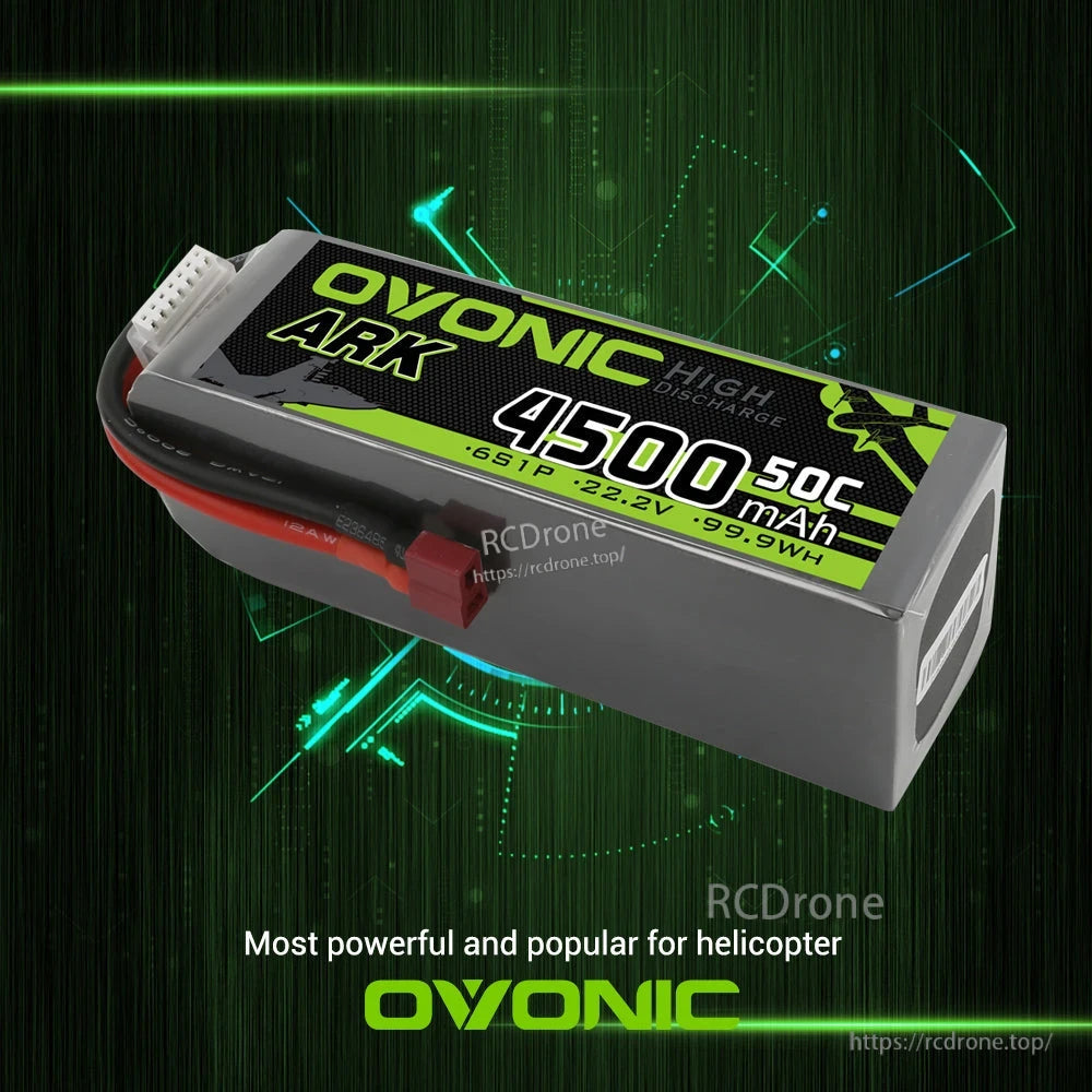 Angled view of Ovonic ARK 6S 4500mAh 50C LiPo battery with Deans plug and balance lead