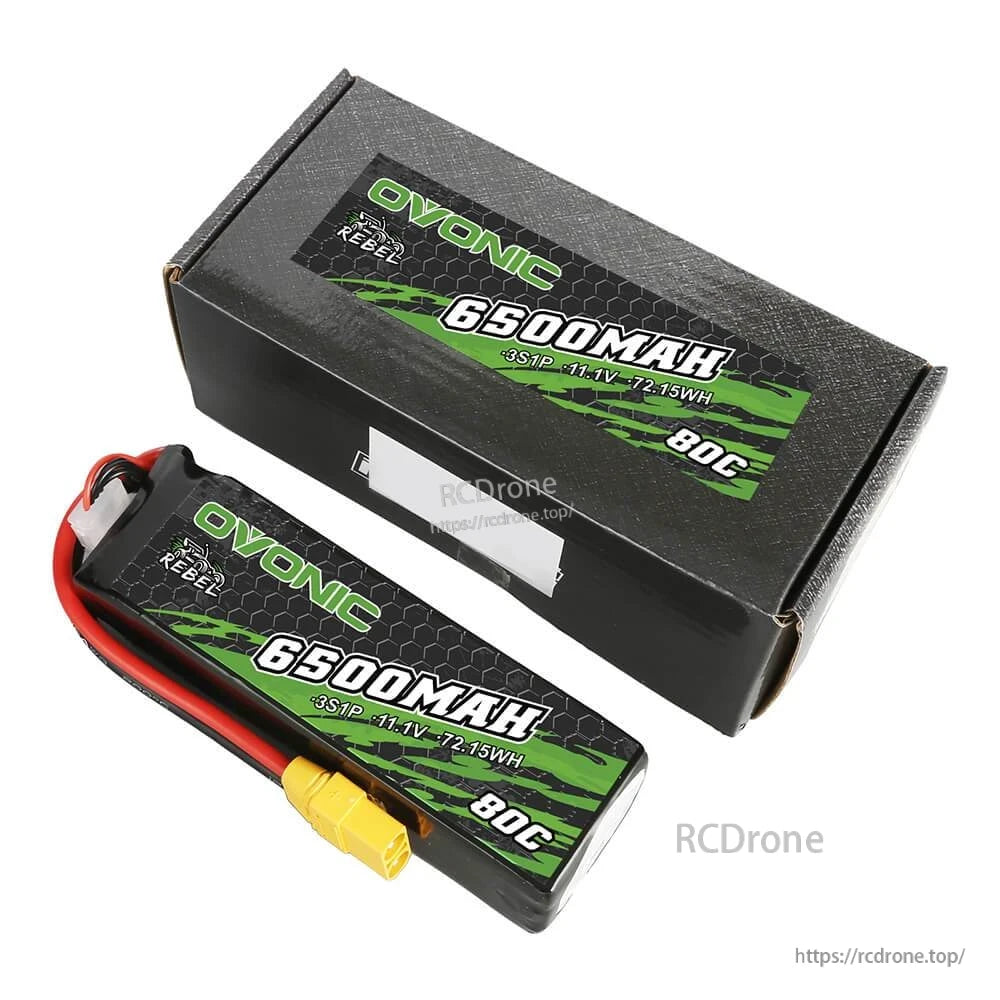 Ovonic Rebel 6500mAh 3S LiPo battery next to branded storage box, XT90 plug visible