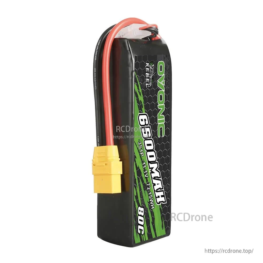 Side view of Ovonic Rebel 3S LiPo battery showing wire exit, balance lead, and yellow XT90 plug