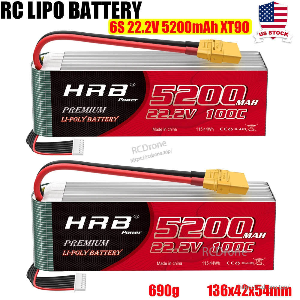 HRB 2-Pack 22.2V 6S 5200mAh 100C LiPo Battery with XT90 connectors, 136×42×54mm and 690g each