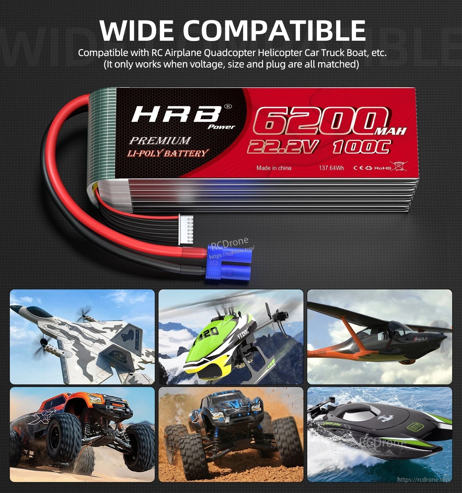 HRB 6200mAh 22.2V 100C LiPo battery compatibility graphic for RC airplane, helicopter, car/truck, and boat use