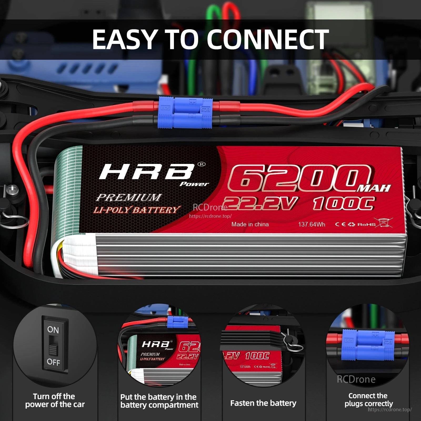 Close-up of HRB 6S LiPo in RC chassis with EC5 plug, emphasizing easy connection and secure mounting steps