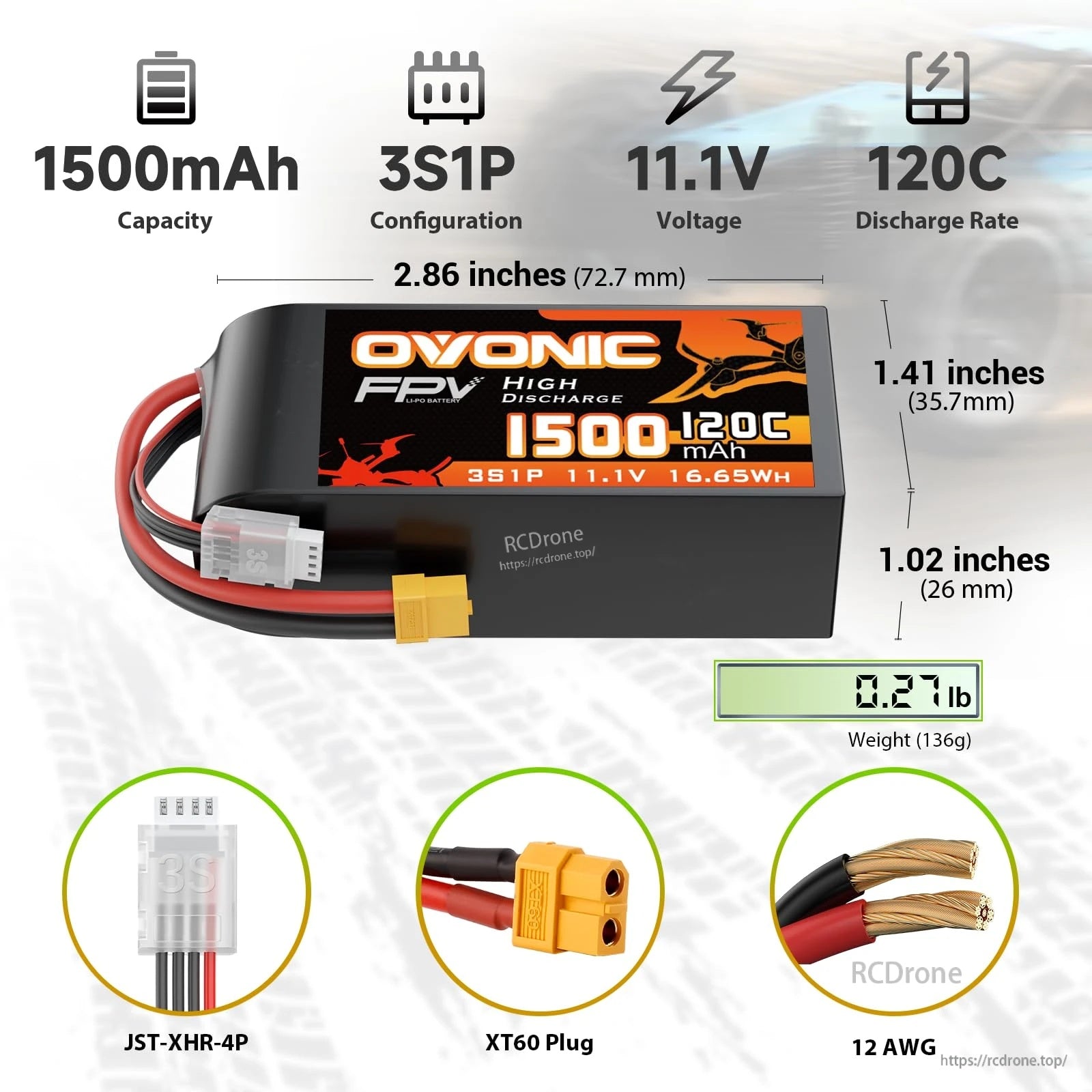 OVONIC 2-Pack 3S 11.1V 1500mAh 120C LiPo Battery specs with XT60 plug, size, weight, and 12AWG lead