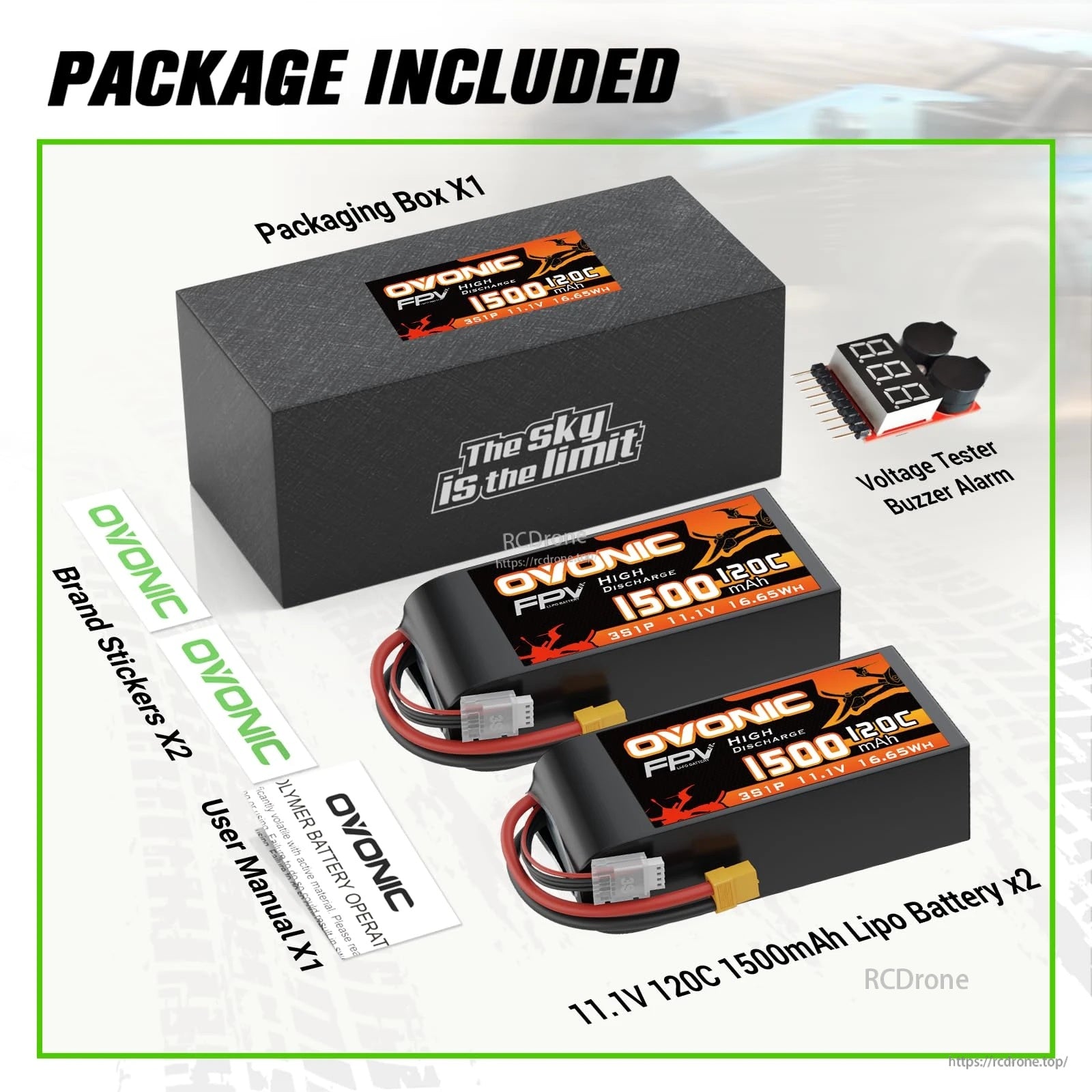 OVONIC 2-pack 1500mAh 3S 11.1V 120C LiPo batteries with XT60, voltage tester/buzzer, stickers, manual, and box