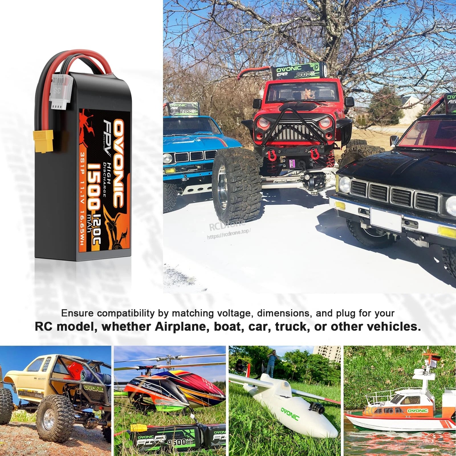 Compatibility collage showing OVONIC 3S XT60 LiPo use across RC models; match voltage, size, and connector