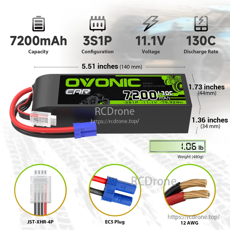 OVONIC 2-Pack 3S 11.1V 7200mAh 130C LiPo battery with EC5 plug, 140×44×34mm, 12AWG leads