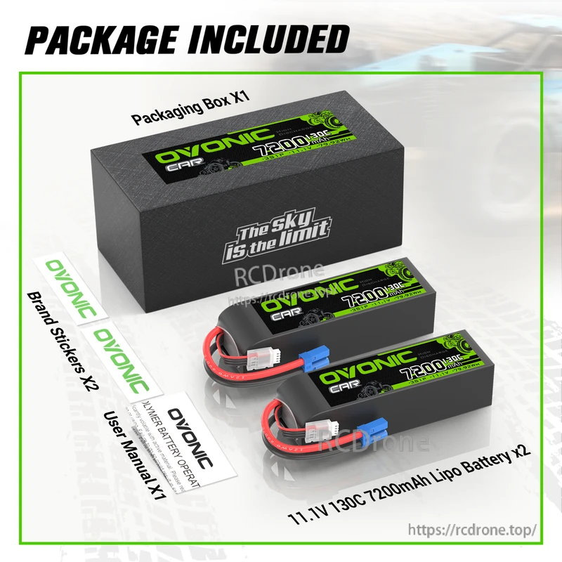 Package contents: two OVONIC 11.1V 7200mAh 130C 3S LiPo batteries, box, stickers and user manual