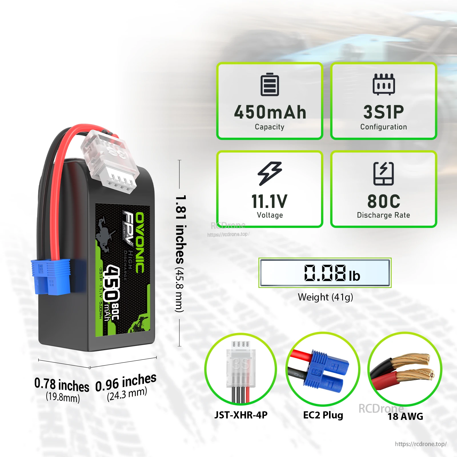 2x OVONIC 11.1V 450mAh 3S1P 80C LiPo battery specs with EC2 plug and JST-XHR-4P balance lead