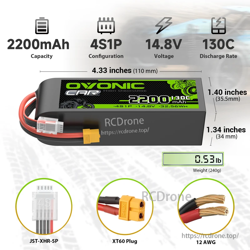 OVONIC 2-Pack 4S 2200mAh 14.8V 130C LiPo battery with XT60 plug, JST-XHR-5P balance lead, 12AWG wire