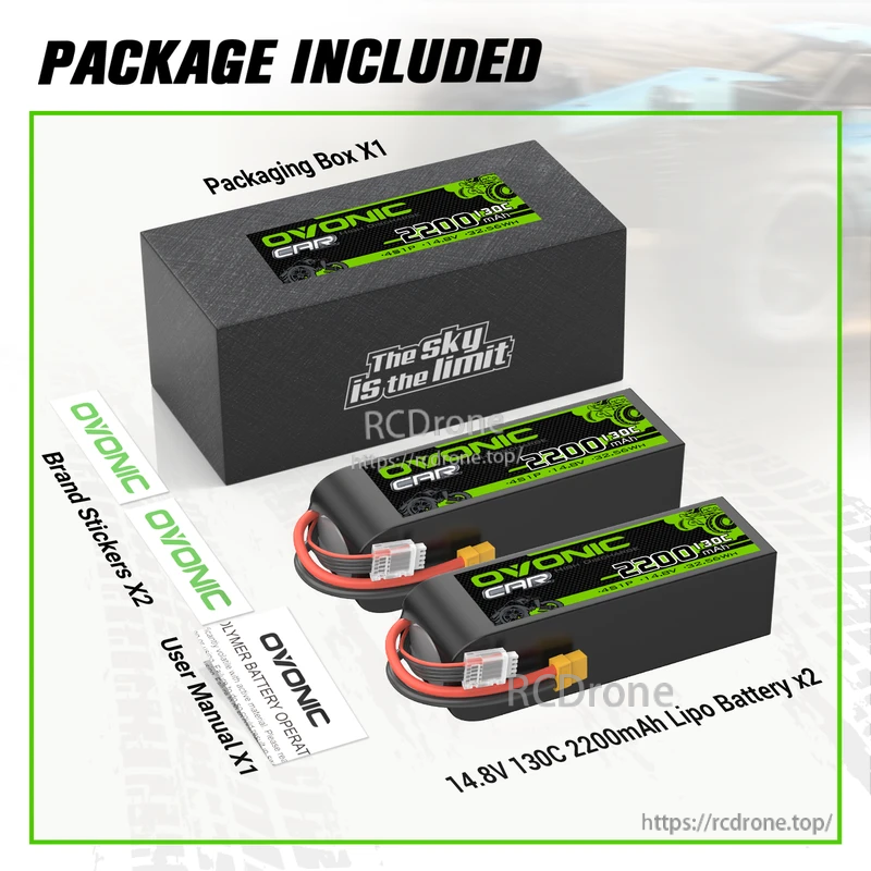 Package contents: two OVONIC 14.8V 2200mAh 130C 4S LiPo batteries with XT60, packaging box, stickers, and user manual