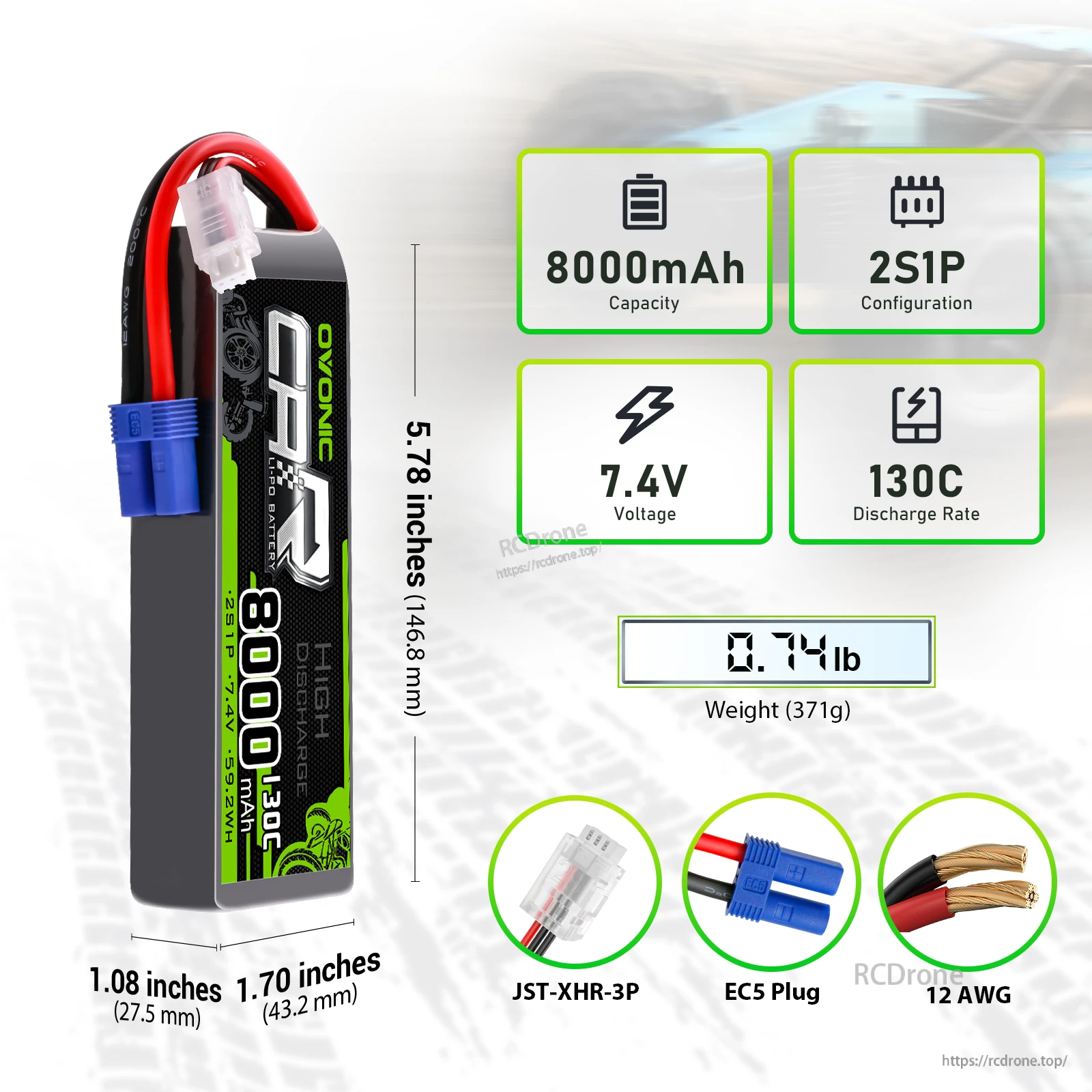 2x OVONIC 2S 8000mAh 7.4V 130C LiPo battery specs with EC5 plug, JST-XHR-3P balance lead, 12AWG